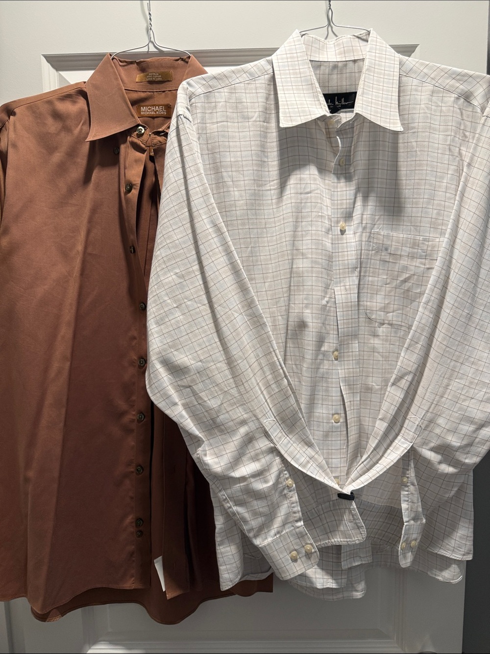 MICHAEL Michael Kors Brown Dress Shirt & White Plaid Button-Up